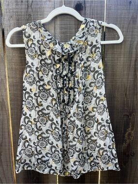 Elie Tahari silk top Sz M floral gold black floral ruffle sleeveless button up